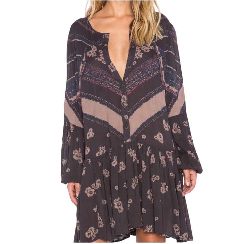 Free People ‘From Your Heart’ Printed Long Sleeve Tunic Dress Size XS